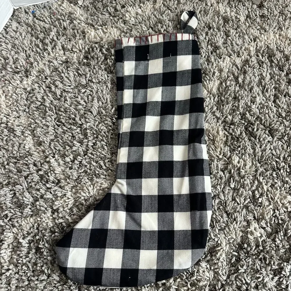 Magaschoni Home Black White Buffalo Plaid Gingham Check Christmas Stocking Pom